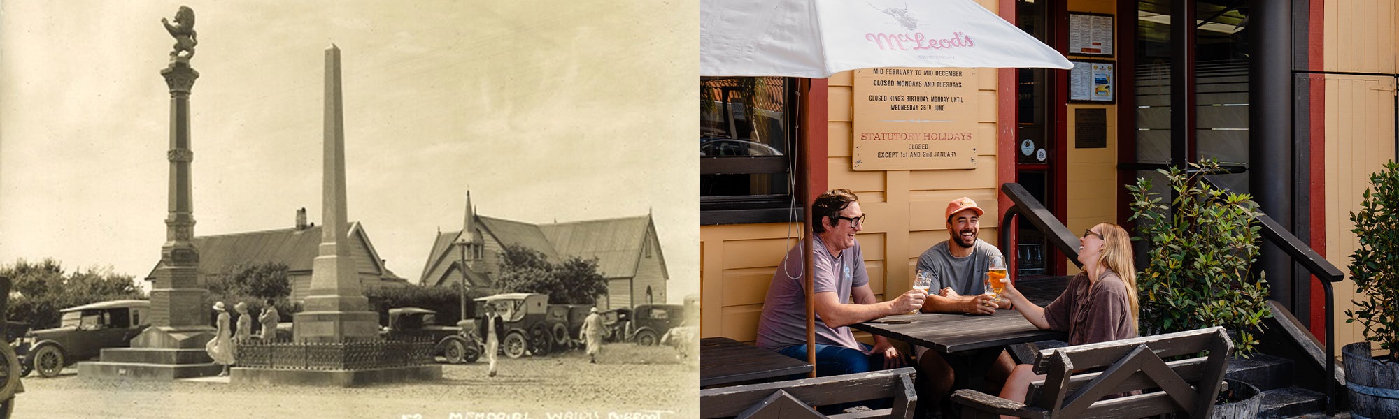 A dual image showing historic Waipu and people enjoying a beer at McLeods Brewery